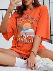 100% Cotton Women T-Shirts Hawaii Summer Adventures Print Tees Casual Soft Short Sleeve Tops Loose Comfortable Street Clothes
