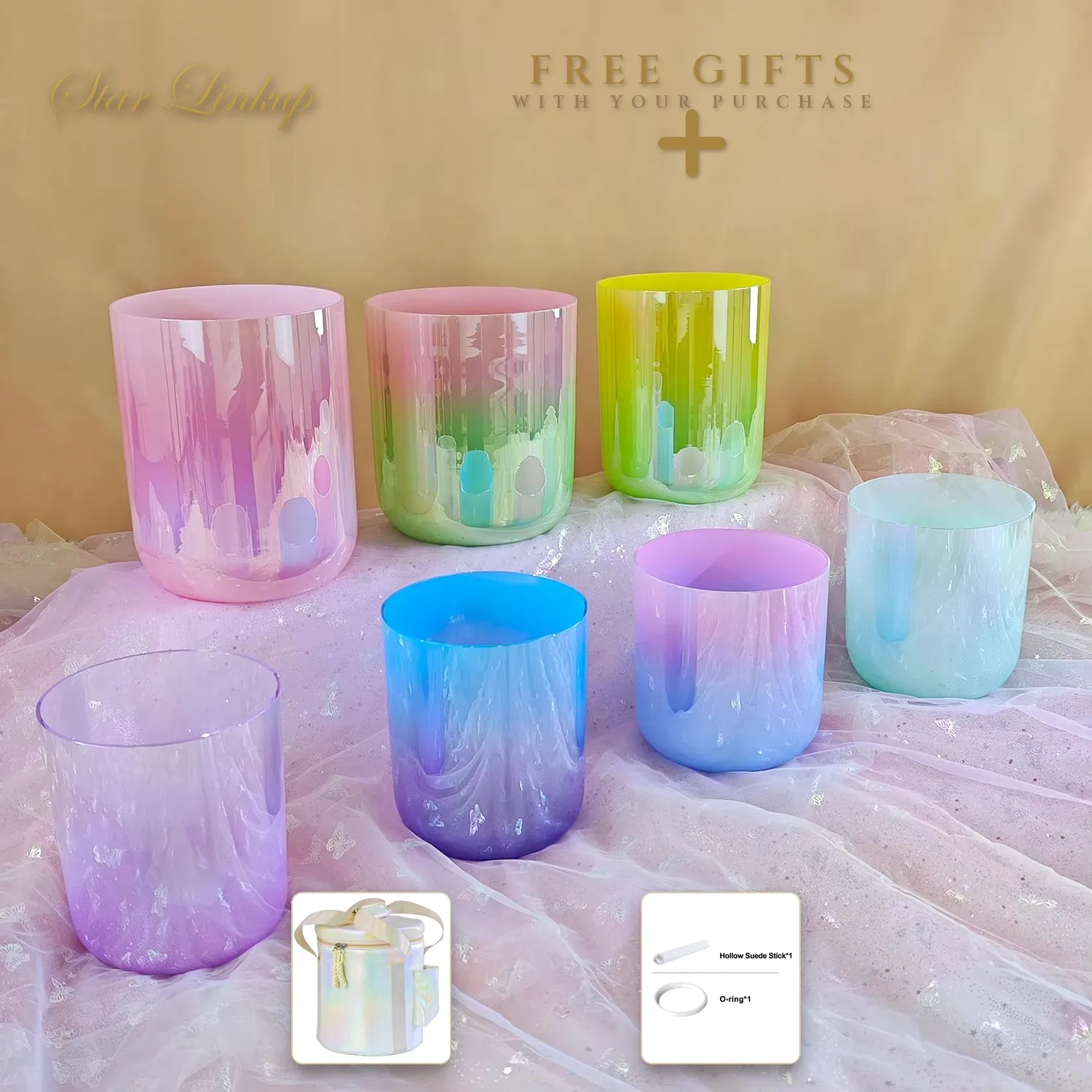 432Hz7 Chakras Crystal Singing Bowl Set Meditation Healing Handcrafted Quartz Alchemy Bowl with accessories and Bag bol tibetain