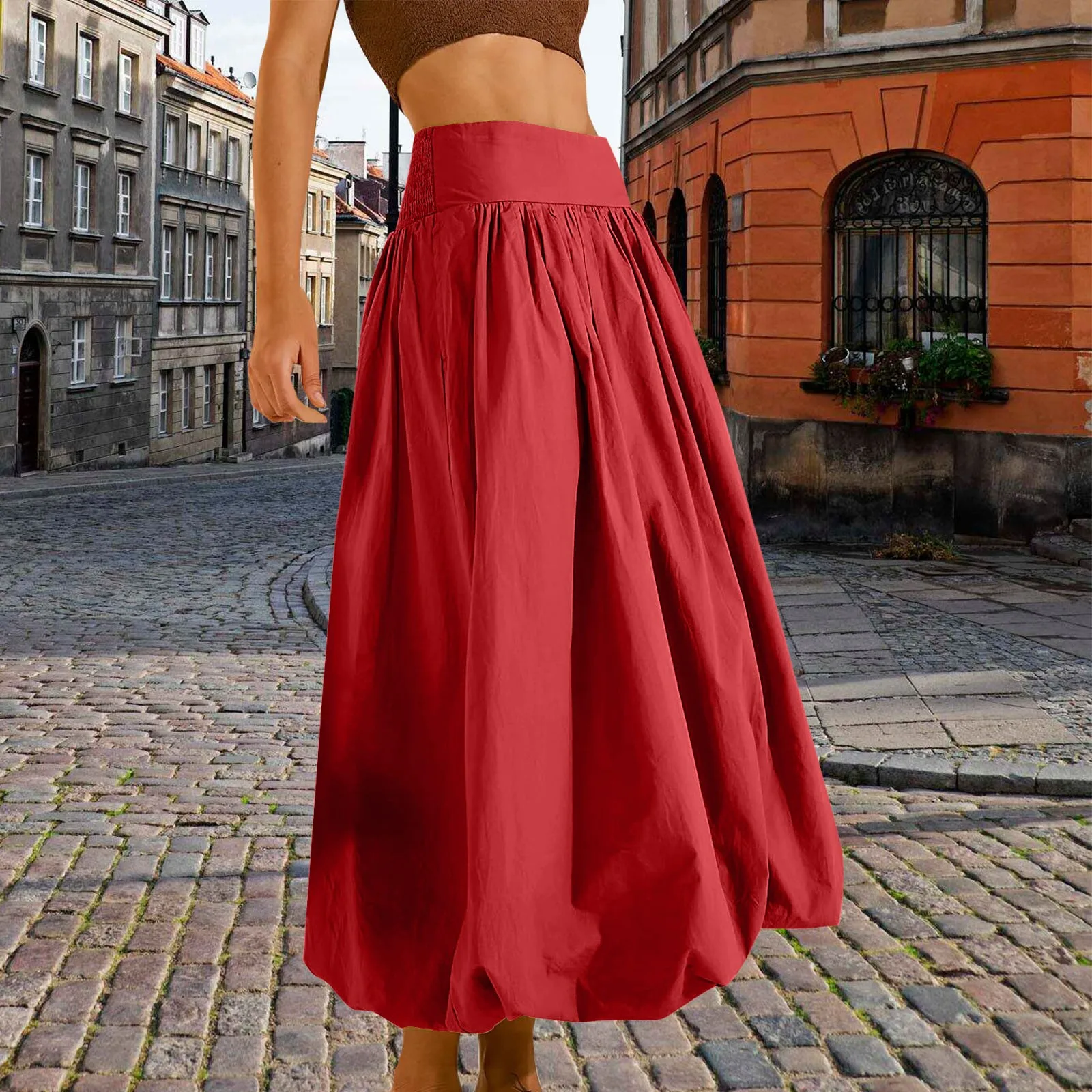 Women's Casual Loose Smocked High Waist Slits Long Skirt Boy Skirt Marinade E92 M3 Side Skirt Jean Overall Skirt Women