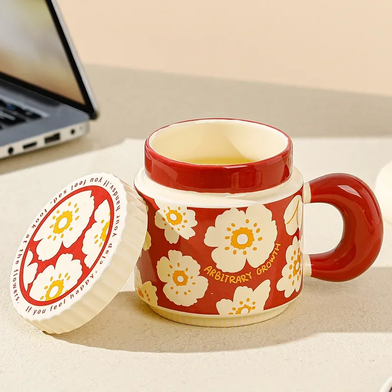 China-Chic Flower Covered Ceramic Mug, Large Capacity Imitation Enamel Gift Couple Cups, Breakfast Milk Coffee Mugs, Kawaii Cup 2