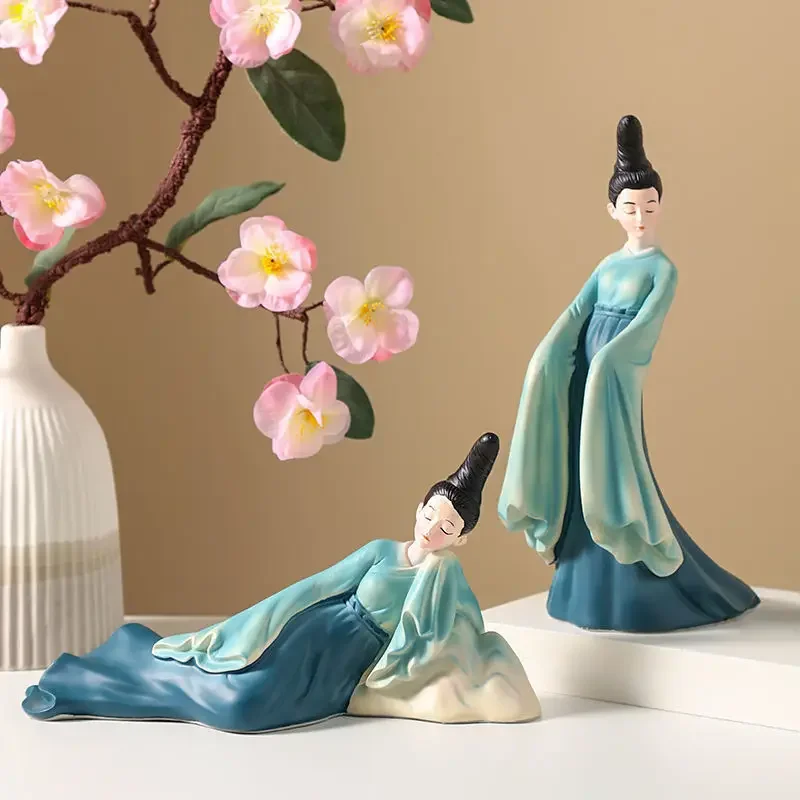 Chinese Green Classical Beauty Resin Ornaments Art Store Study Room Figurines Crafts Home Cabinet Bookshelf Sculpture Decoration