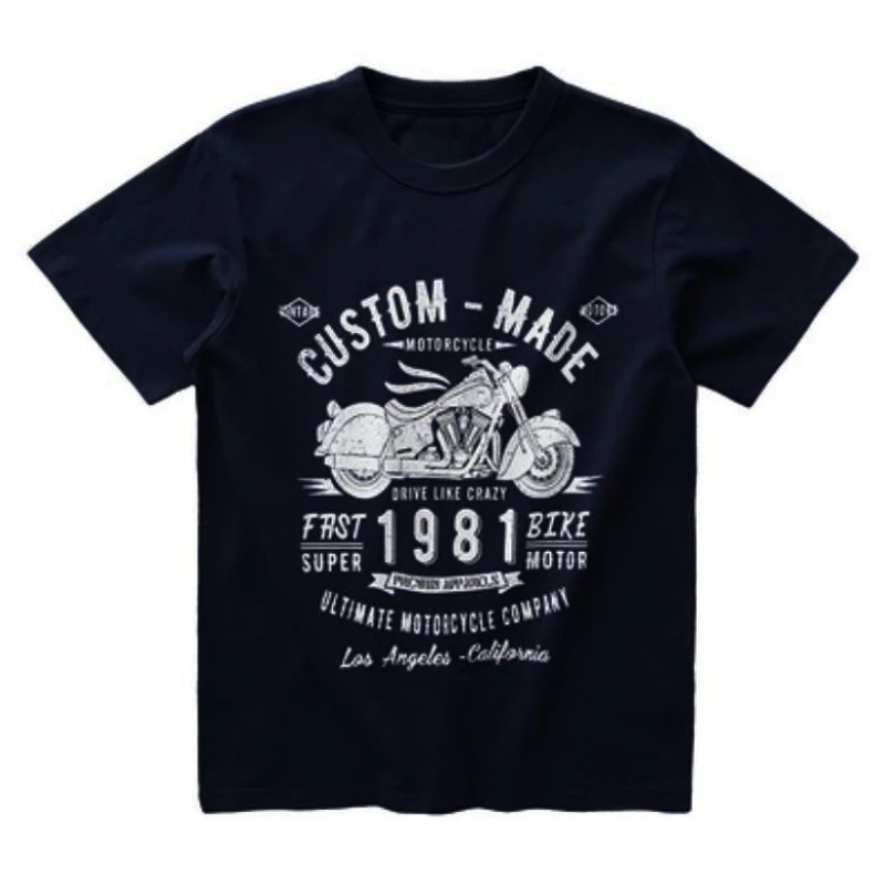 American Retro Cotton Short-sleeved T-shirt Summer Ami Kaji Motorcycle Print Half-sleeved Tee Men's Casual Vintage Street Wear