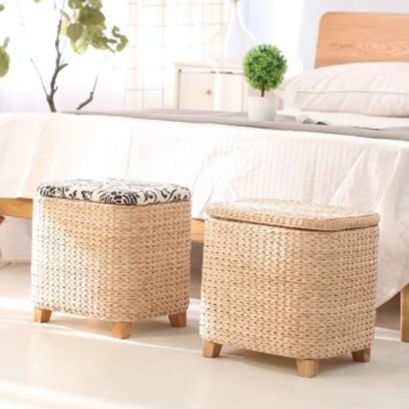 

Nordic Rattan Storage stool household shoe changing stool box door imitation grassfoot stool furniture vanity chair