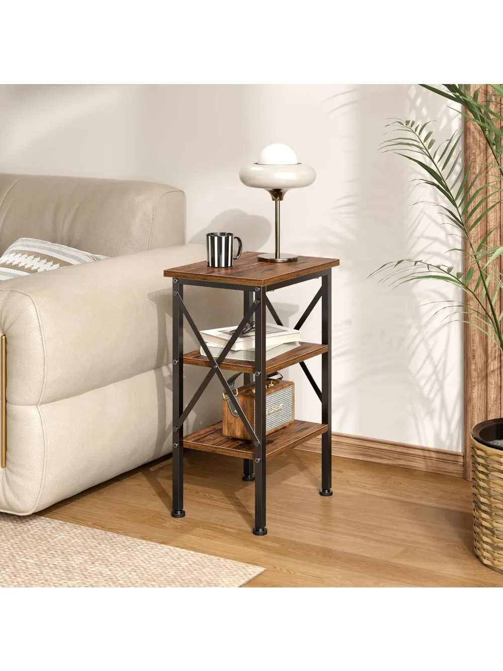 طقم طاولة نهاية بنية ريفية مكون من قطعتين، منضدة بتصميم X بطول 24 بوصة مع مساحة تخزين من 3 طبقات للمساحات الصغيرة وغرفة النوم وغرفة المعيشة