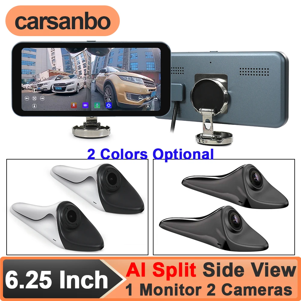 

Carsanbo 6.25" Car Split Touch Screen 720P Electronic Rearview Monitor 2pcs AHD 1080P Side View Camera Blind Spot Alarm System