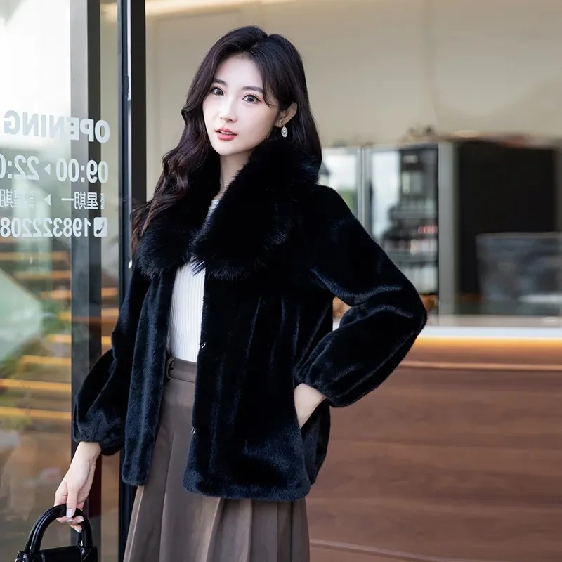 Fashion Faux Fur Coat Women's Mink Fur Short Overcoat Double-faced Fur Jackets Fox Fur-collar Streetwear Outerwear Autumn Winter