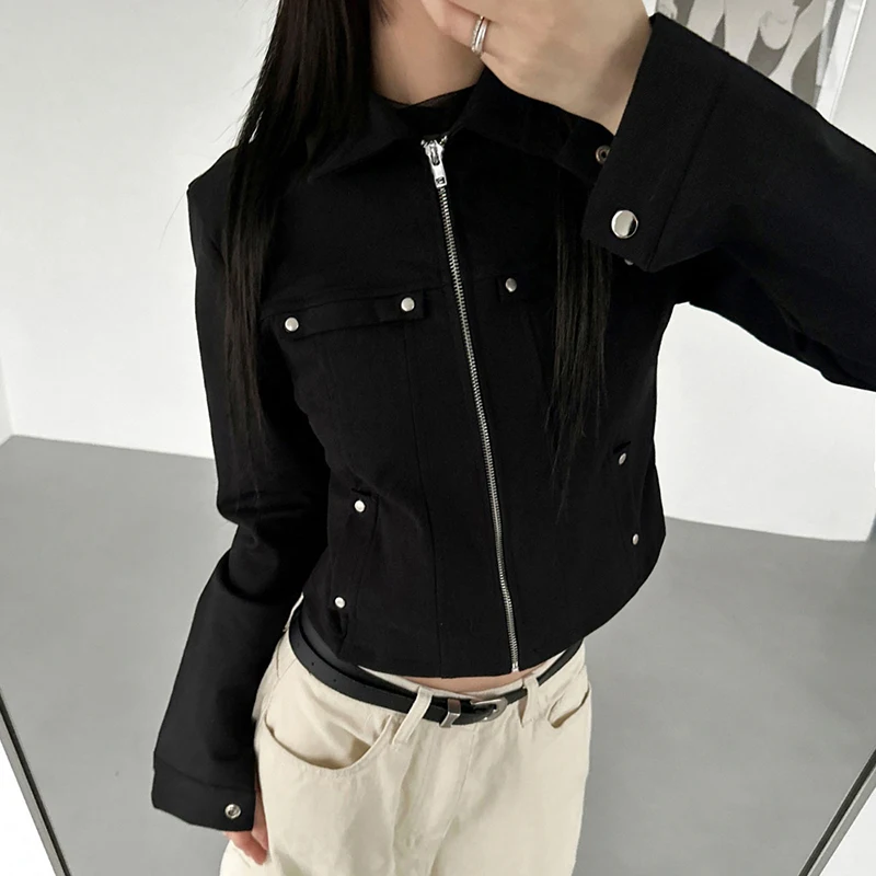 SUCHCUTE estilo Punk chaqueta con cremallera cuello vuelto remache negro abrigos de manga larga prendas de vestir exteriores Retro ropa de calle Tops cárdigan de otoño