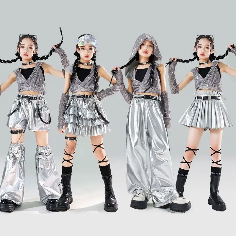 Dziewczęta K-pop Sequin Crop Hoodies Street Dance Shorts Kids Hip Hop Jazz Skirts Silver Pants Clothes Sets Child Streetwear Costumes