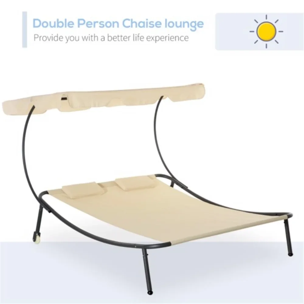 Fold-out deck chair/beach chair with adjustable canopy with two wheels for easy movement and two pillows for added comfort