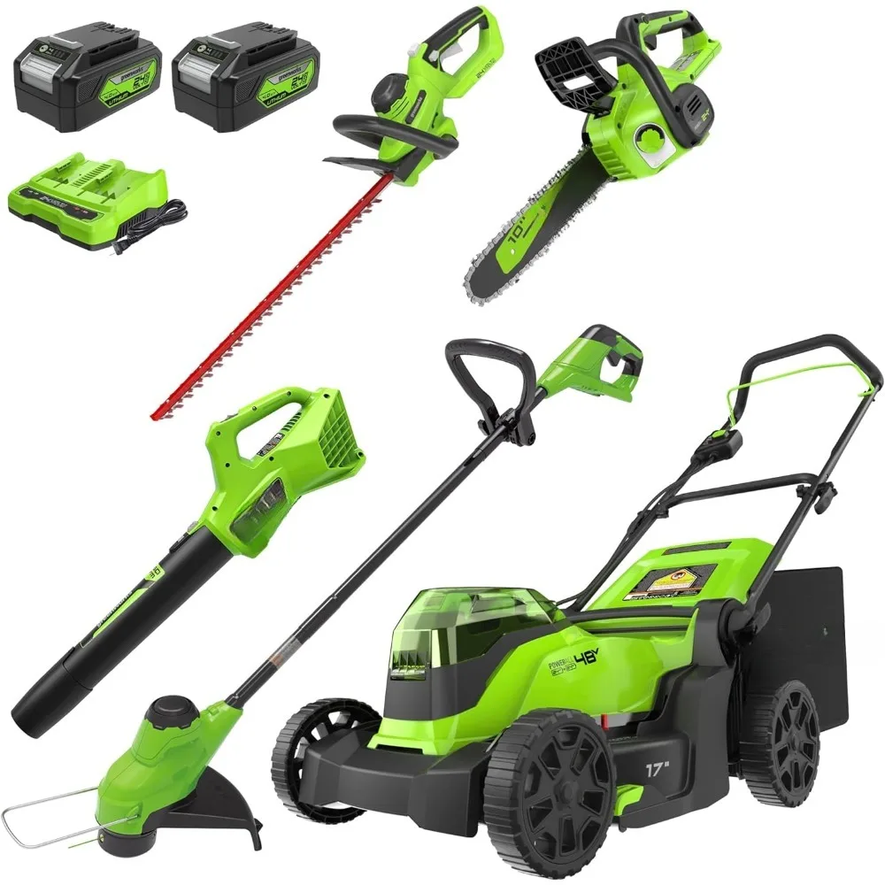 

17" Cordless Lawn Mower, 48V 10" String Trimmer, 320 CFM Blower, 22" Hedge Trimmer Combo Kit, Lawn Mower