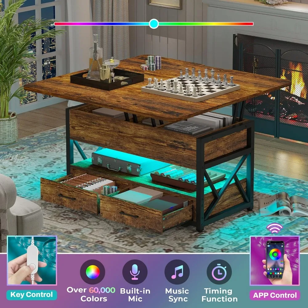 40 طاولة قهوة قابلة للرفع، وطاولة قهوة 4 في 1، وطاولة قهوة صغيرة للمزرعة مع مساحة تخزين لغرفة المعيشة ودرجين #5