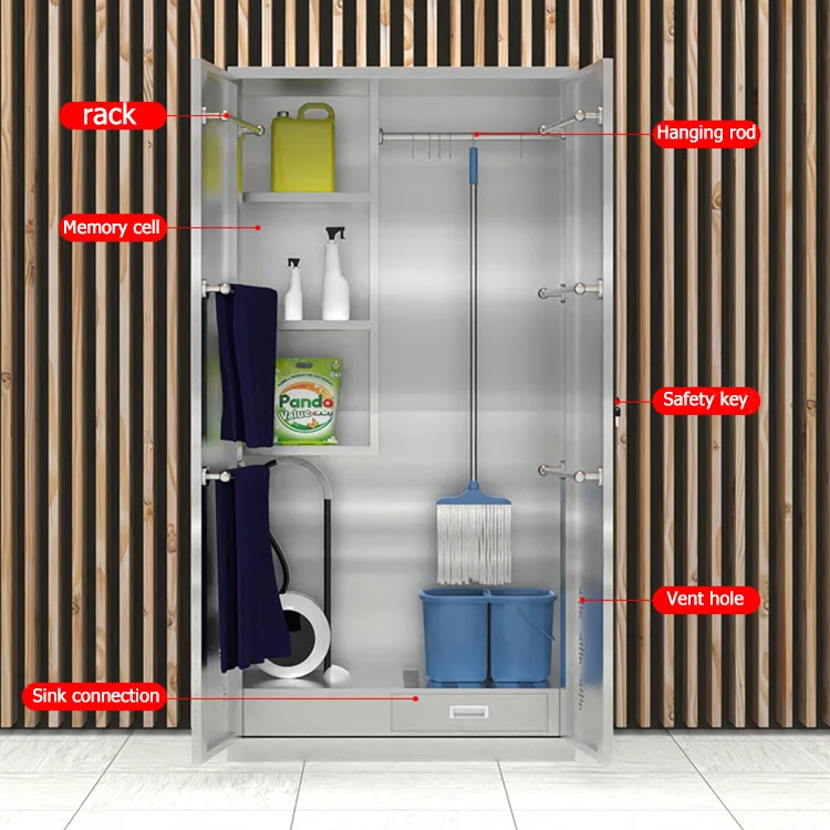 China Made 304 Stainless Steel Locker Bathroom Cabinet For Mop And Broom Anti-corrosion And Anti-rust Cupboard With Legs