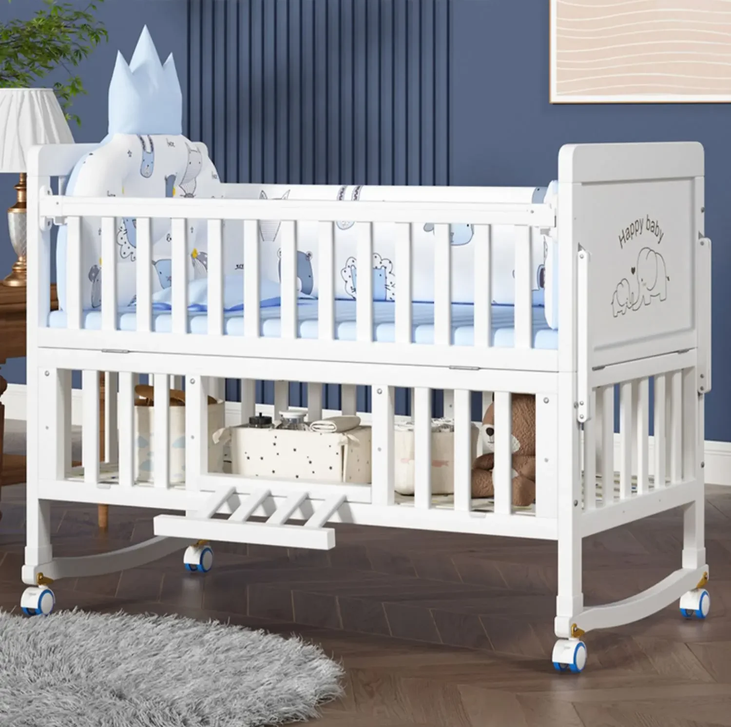 Hot Sale European style 3 in 1 Multifunction Wooden Babi Cot Bed Children Furniture White Solid Wood Babi Wood Crib Toddler Bed