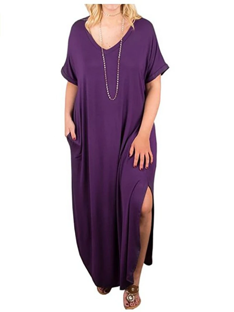 

Women's short-sleeved V-neck slit dress, summer dress, high elastic loose dress, casual, plus size pocket,