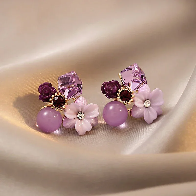 Purple Crystal Flower Stud Earrings for Woman Korean Fashion Petals Jewelry Wedding Party Girl Elegance Set Accessories Gifts