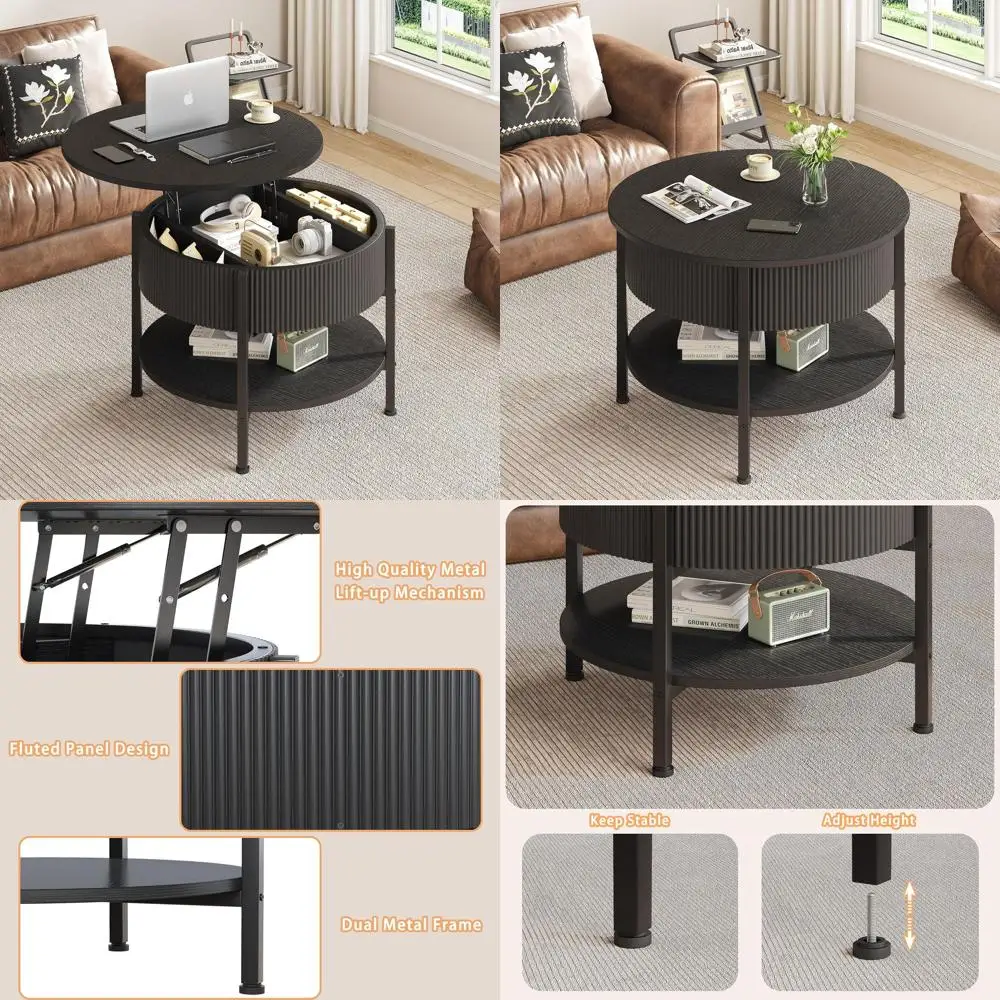 

Mid-Century Black Fluted Lift-Top Coffee Table with Hidden Storage, 26.77 for Small Living Spaces