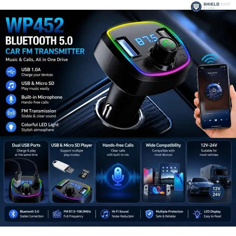 WP452, trasmettitore FM per auto con Bluetooth 5.0, caricatore USB doppio, lettore musicale USB e Micro SD, funzione vivavoce, display a LED, illuminazione multicolore, alimentazione 12V-24V.