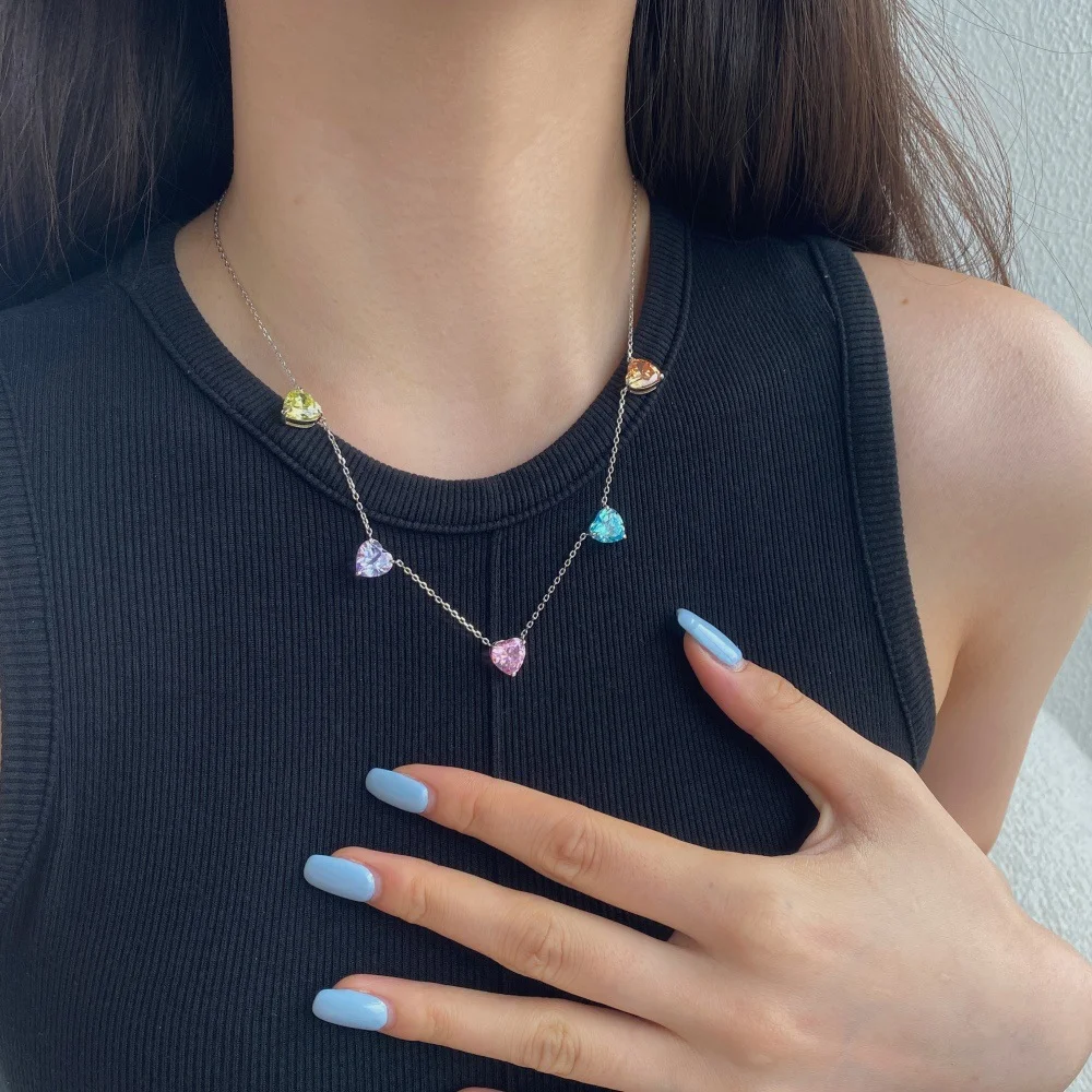 

Genuine S925 Sterling Silver Necklace Multicolor Gemstone Heart Pendants & Cubic Zirconia Elegant Gift for Women Girlfriend, Mom