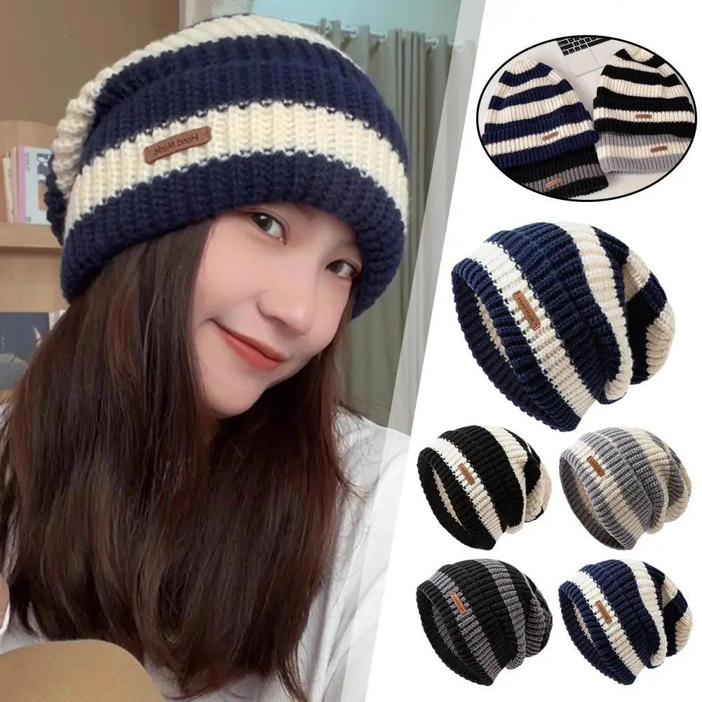 Winter Women's Japan Style New Leather Label Striped Idol Hat Knitted Knitted Versatile Loose Waist Same Hat Fashionable St C3o7