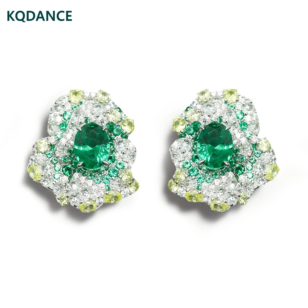 

KQDANCE Luxury Craft Solid 925 Silver Emerald Green High carbon Diamond Flower Earrings For Women Dinner Party