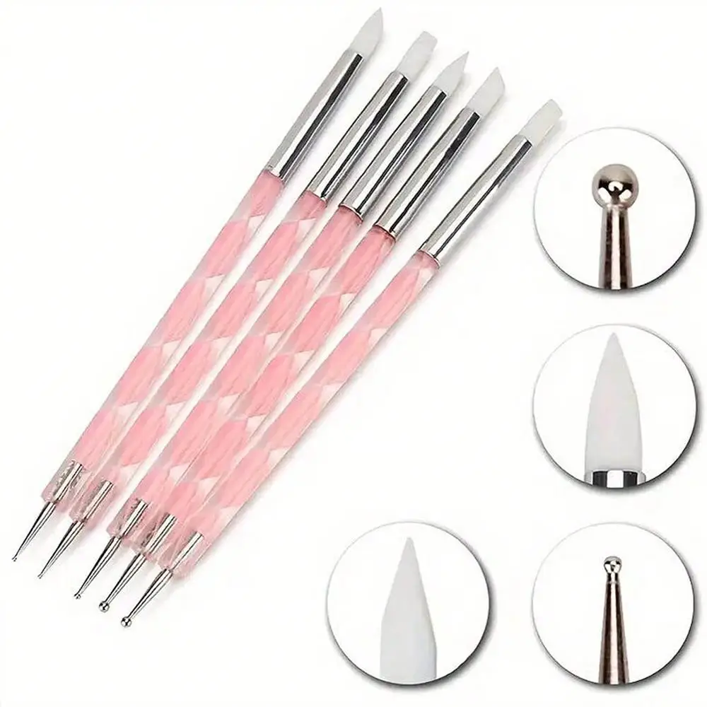 5 pz/set Double-Ended Intagliare e Unghie Che Punteggia Penna 2In1 Scultura In Silicone Pennello Del Fiore per UVGel Polacco Manicure Salone Pittura Penna