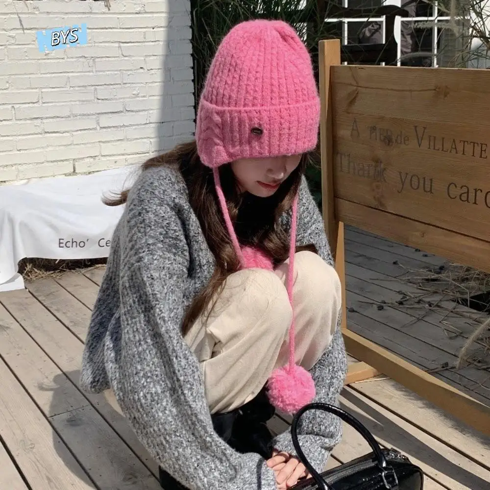 

Cute Winter Y2k Knitted Cap Windproof Thick Pom-pom Knit Cap Casual Soft Warm Beanie Hats Outdoor