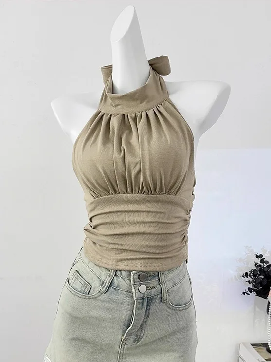 Sexy Trendy Cotton Blend Vest Women's Fashionable Frayed Neck Strap Tank Top Slimming Design with Chest Pad Short Length