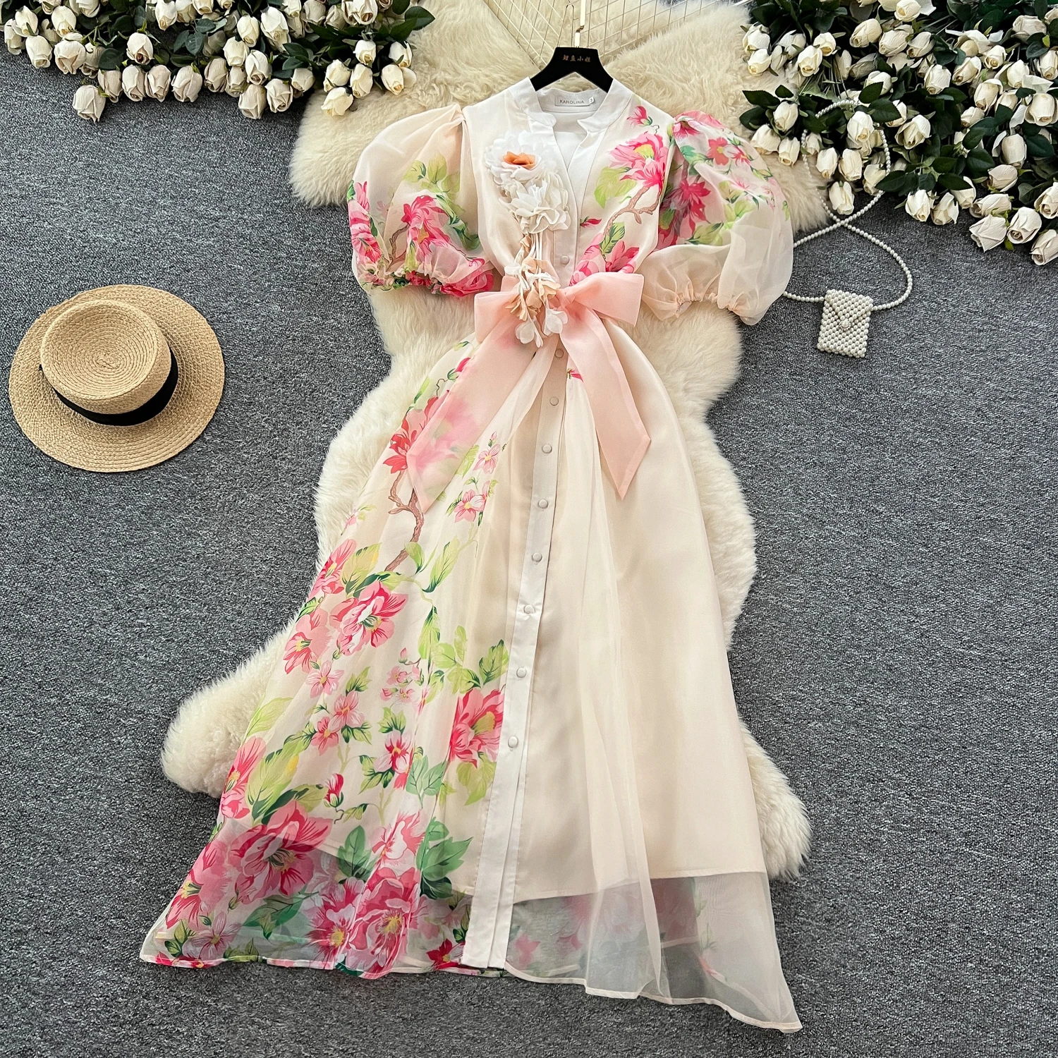 

ALPHALMODA 2025 New, Three-dimensional Flower, V-neck, Lantern Sleeve, Vintage Women, Summer Trendy Printed Dress