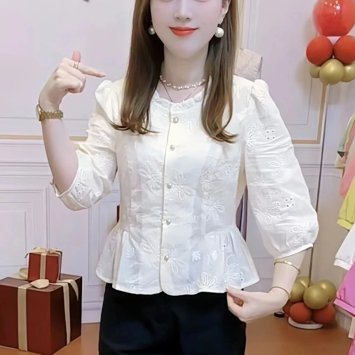 Elegante Abito Decorato con Fiori di Musoom, Colletto in Pizzo, Design Traforato, Dolce e Alla Moda, Nasconde la Pancia e Snellisce...