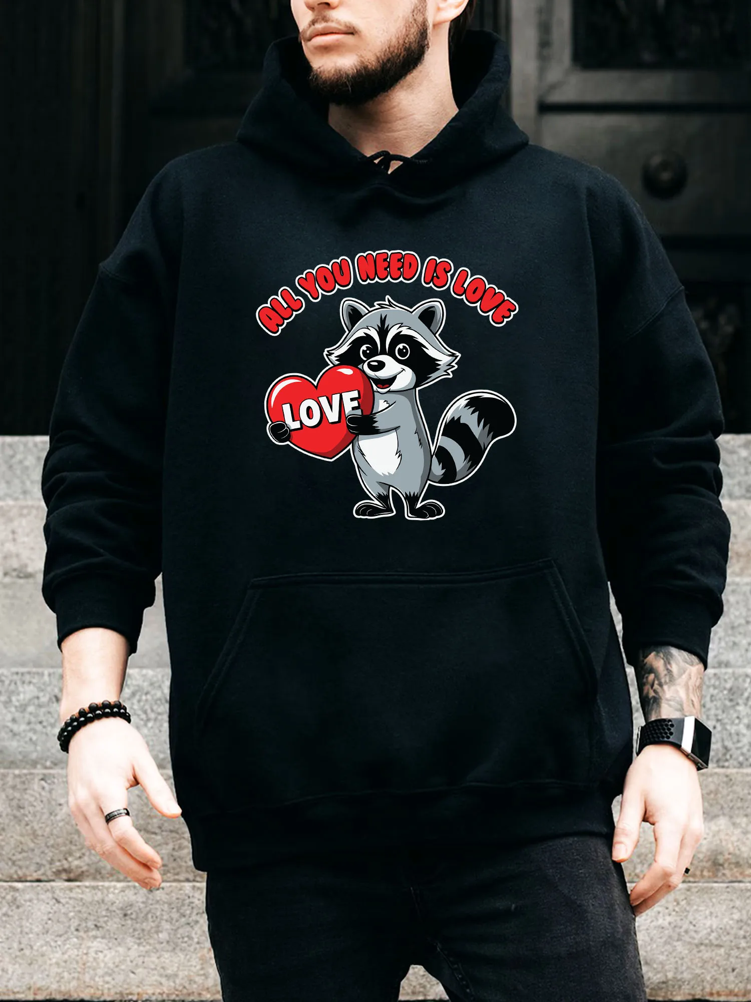 All You Need Is Love Men's Drawstring Hoodie - Casual Comfortable Black Pullover, Fall & Winter Hooded Sweatshirt