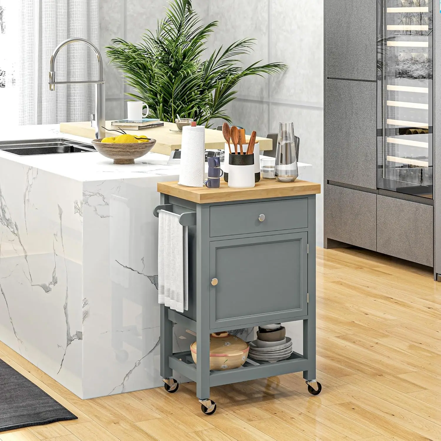 Rolling Kitchen Island with Smooth Rubberwood Top, Narrow Butcher Block Surface on Wheels with Storage Drawer & Cabinet, Gray