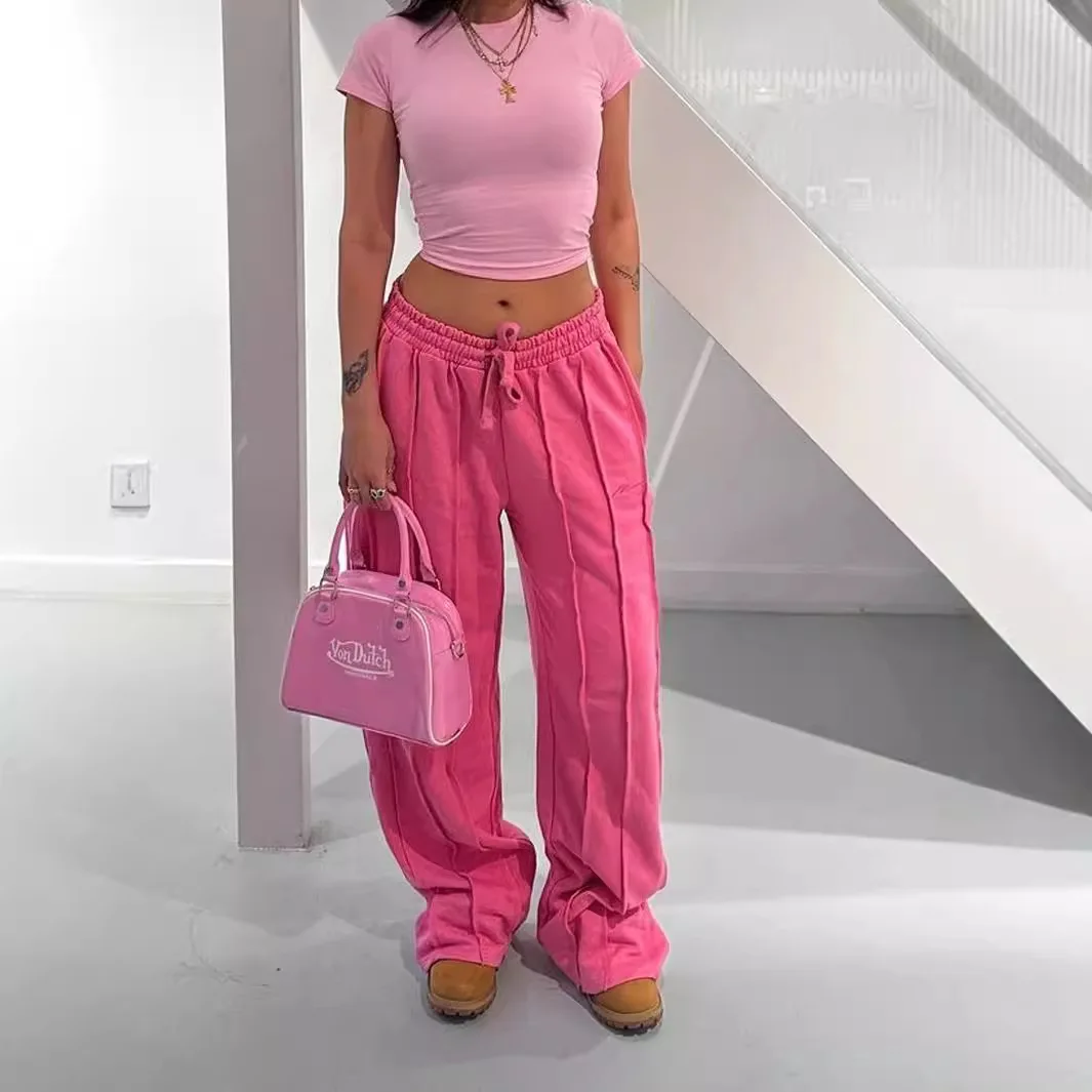 Women Pants Mid Waist Drawstring Trousers Wide Leg Pant Office Lady Elegant Loose Slight Strech Capris Summer Y2k Streetwear