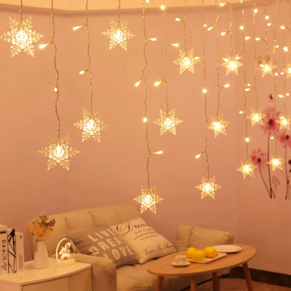 الاتحاد الأوروبي/الولايات المتحدة التوصيل عيد الميلاد ضوء Led ندفة الثلج الستار جارلاند الجنية سلسلة أضواء السنة الجديدة في الهواء الطلق للمنزل حفلة حديقة الديكور