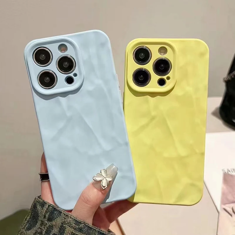 

3D Frosted Folds Pattern Phone Case For iPhone 15 16 Pro Max 14 13 12 11 15 Plus Cute Silicone Shockproof Cover