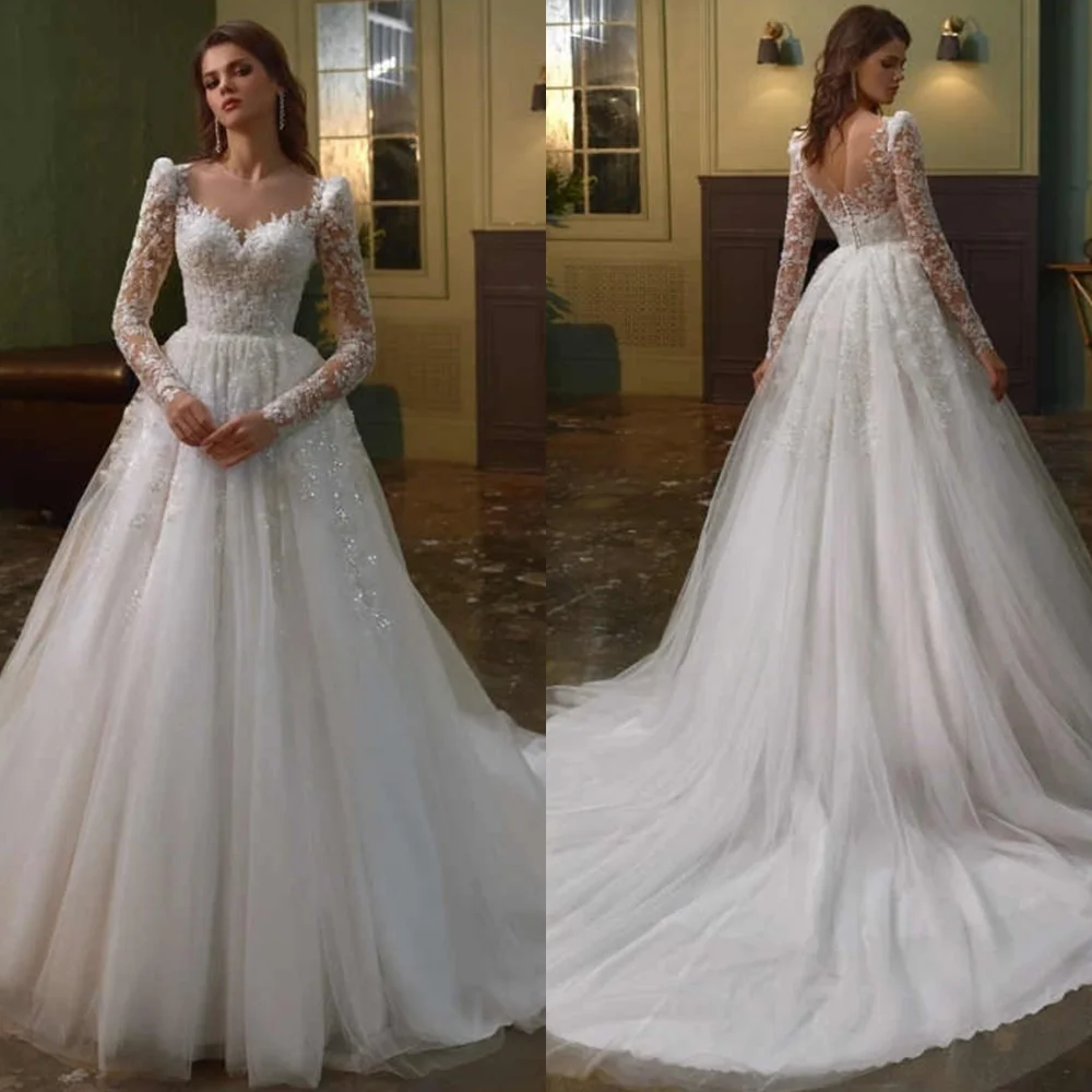 

Customized White Tulle Applique A-line Sweetheart Long Dresses Exquisite Luxury Temperament Charming Romantic Wedding Dress