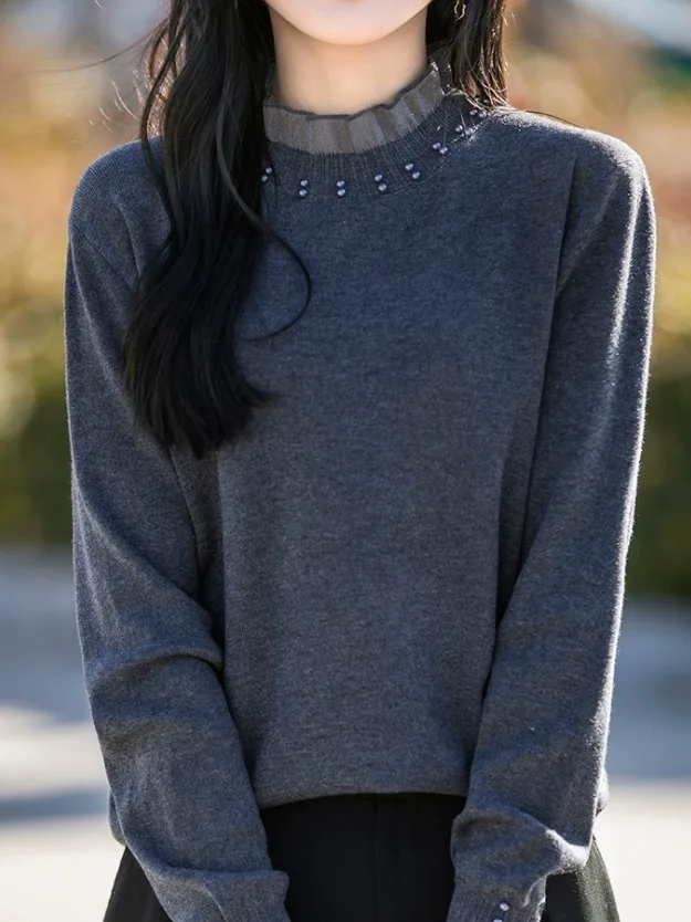 الراقية الأوروبية Sle المرأة محبوك سترة الدانتيل Camere f عالية طوق مطرز عادية Faion لينة طويلة Sve