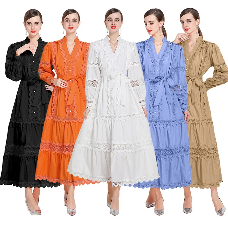 Ele Court Sle Aラインスカート、中空レースロングスリーブVネック、スリムデザイン、秋冬ストリートファッション向け