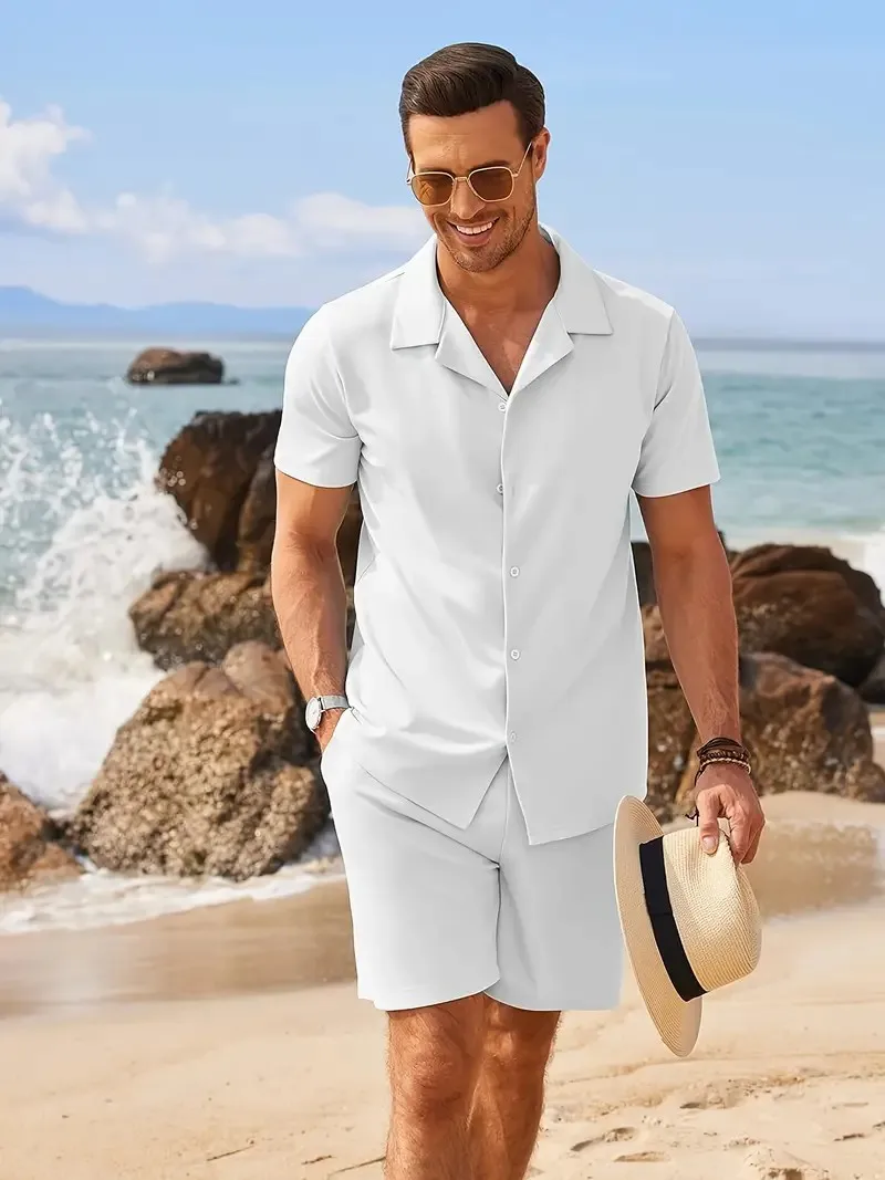 Camicia da uomo estiva tuta semplice Solid Beach manica corta camicia Casual con risvolto pantaloncini da spiaggia oversize abbigliamento Hawaii Suit