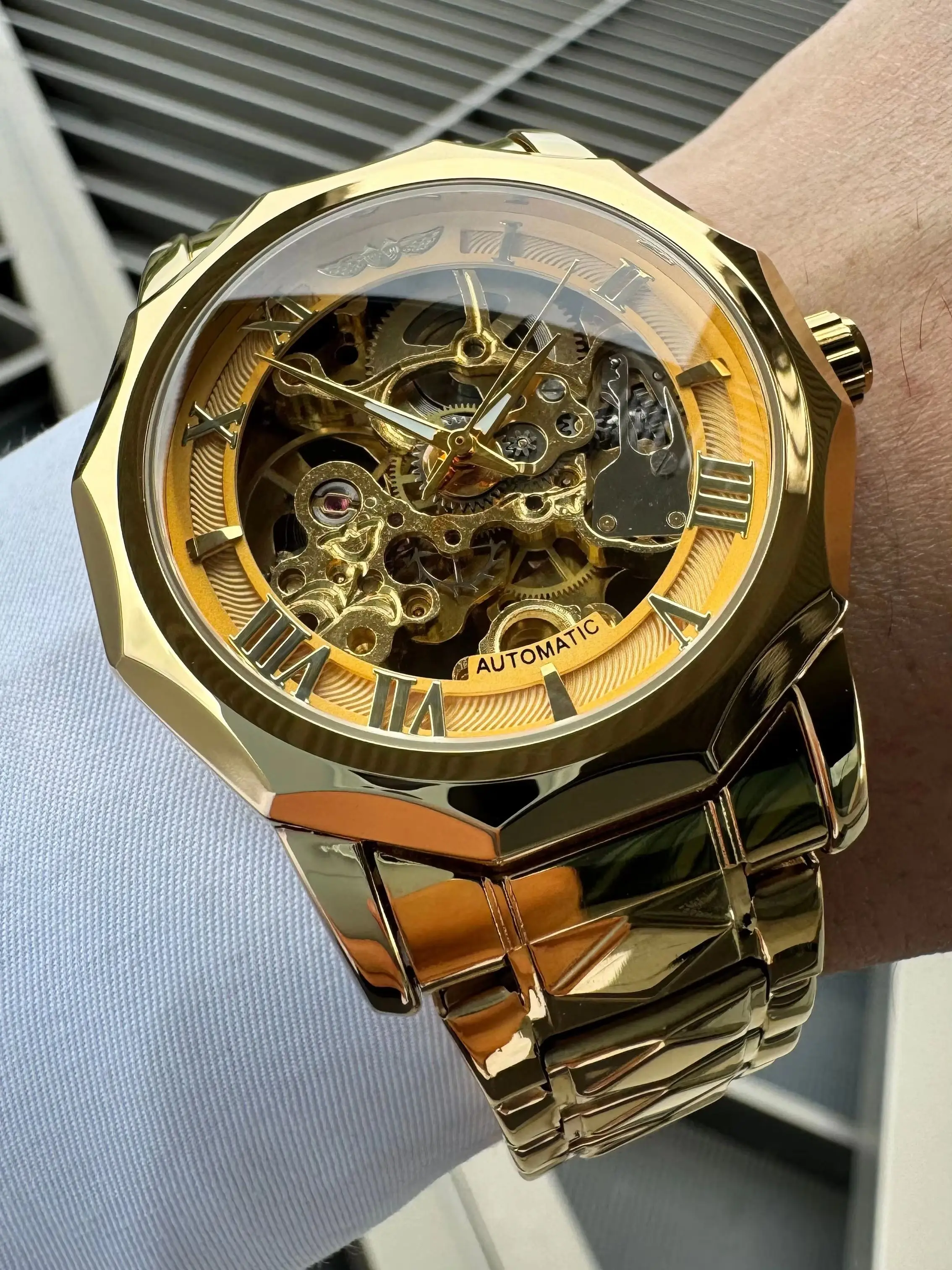 WINNER Royal Skeleton Automatic Mechanical Watch for Men Stainless Steel Strap Luminous Hand Luxury Brand Business Gold Watches