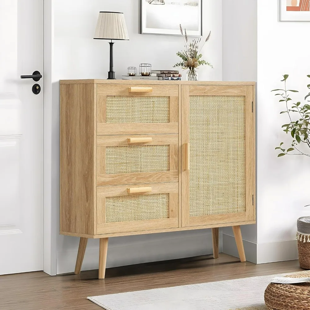 Storage Cabinet with Rattan Door & 3 Drawers, Rattan Cabinet with Adjustable Shelf, Accent Cabinet for Living Room