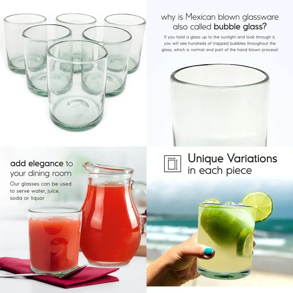 

Set of 6 Clear 10 oz Handcrafted Mexican Recycled Glass Tumblers, Lead-Free for Cocktails and Margaritas