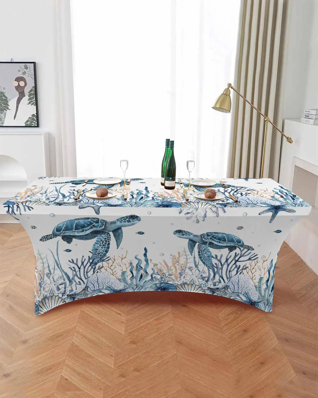 Summer Ocean Coral Seagrass Sea Turtle Elastic Table Skirt Wedding Birthday Table Decoration Table Skirt Tablecloth for Party