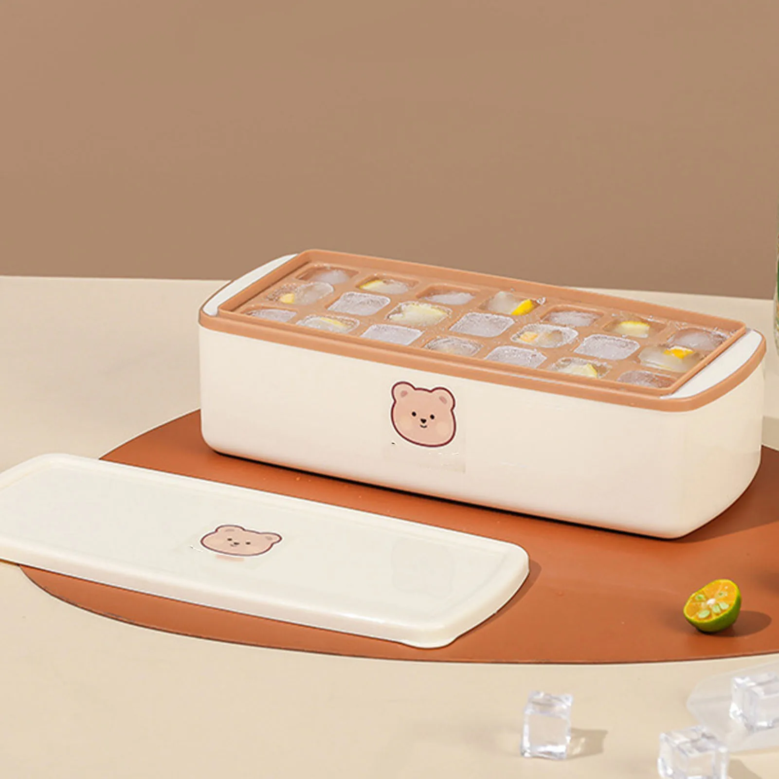 

Лоток для морозильной камеры для кубиков льда, силиконовый полипропилен, мягкое основание, формы для кубиков льда большой емкости с крышкой и контейнером, рисовый коричневый, 21 сетка