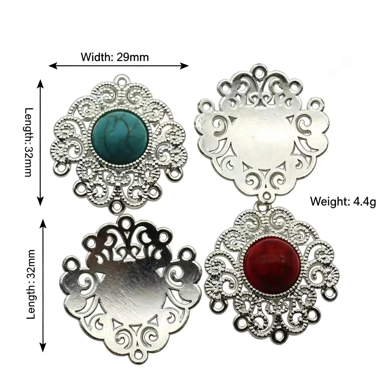 5Pcs 32mm×29mm Silver Alloy Multi Loops Filigree Connector Charms Inlaid Round Stone Links DIY Hanfu Earring Necklace Jewelry Ma