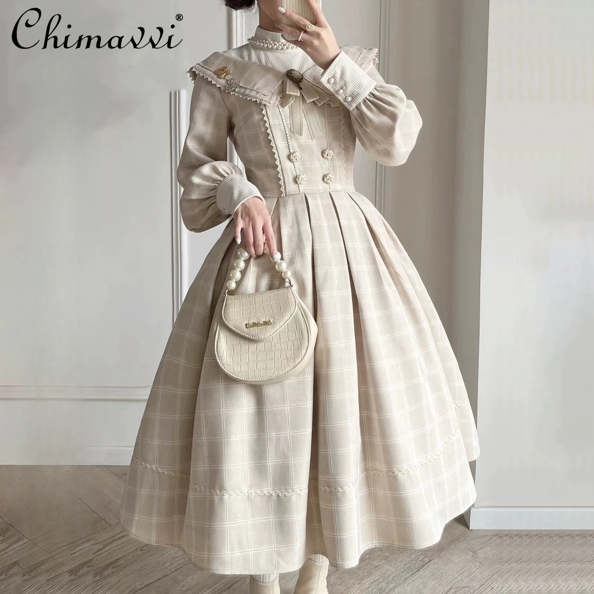 

Lolita Long-sleeved Op Dress Autumn and Winter New Classic Retro Long-sleeved High-waisted Temperament Mid-length Dress Women