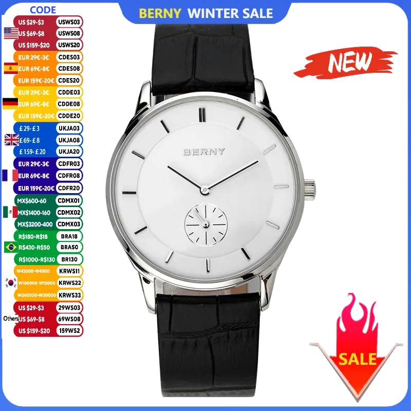 BERNY Men Quartz Watch Japan Wristwatch Ultra-thin Simple Dial Rose Gold Leather 3Bar Waterproof Strap Luxury Business Watch