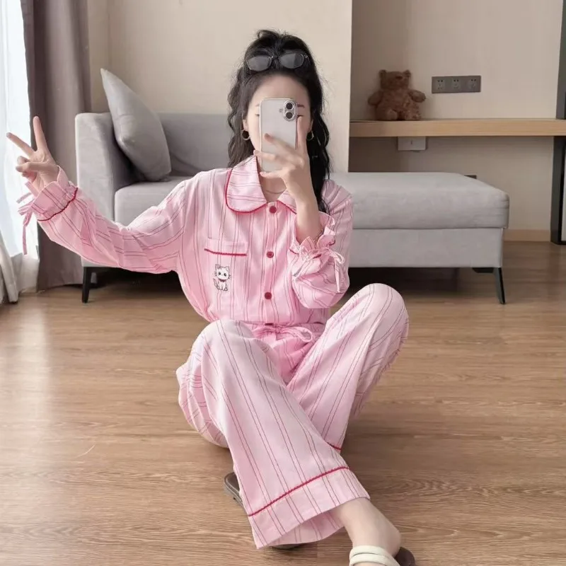 

High Quality Lyocell Tencel Spring Loungewear Set Women's Long-sleeved Trousers Pink Stripe Pajamas Doll Collar Sleepwear