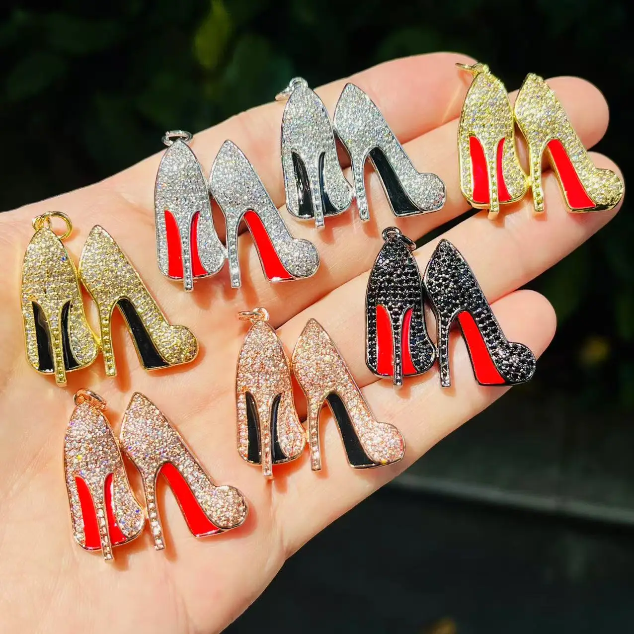 

5Pcs Zircon Pave High Heel Copper Charms Red Enamel for Women Jewelry Making
