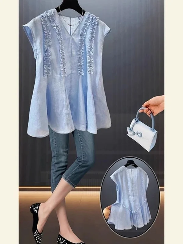 

plus Size Korean Sle Blue irt with Wood ain Design Svel V-Ne Doll irt for Men And Women Summer Breathable