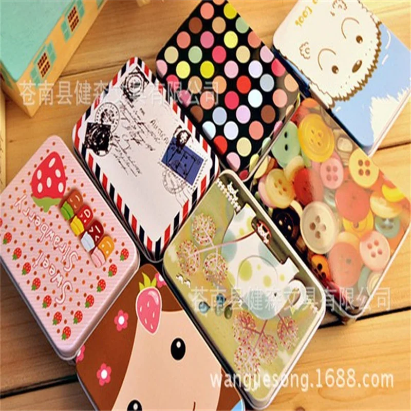 Cute Cartoon Rectangular Metal Tin Box with Hinged Lid Small Storage Case for Jewelry Stickers Tea Cards Stationery Organizer